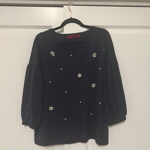 Love Scarlet stretchy navy blue pearl blouse 3/4 sleeve adjustable